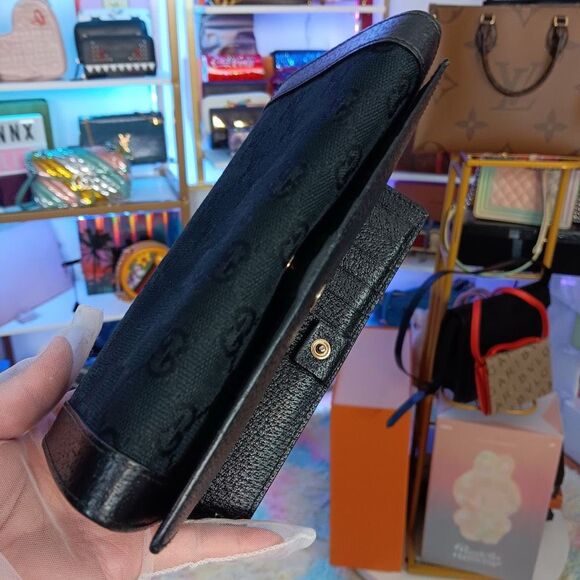 Gucci Vintage Black Monogram Canvas Leather Double Flap Snap Wallet W Box - Picture 7 of 15